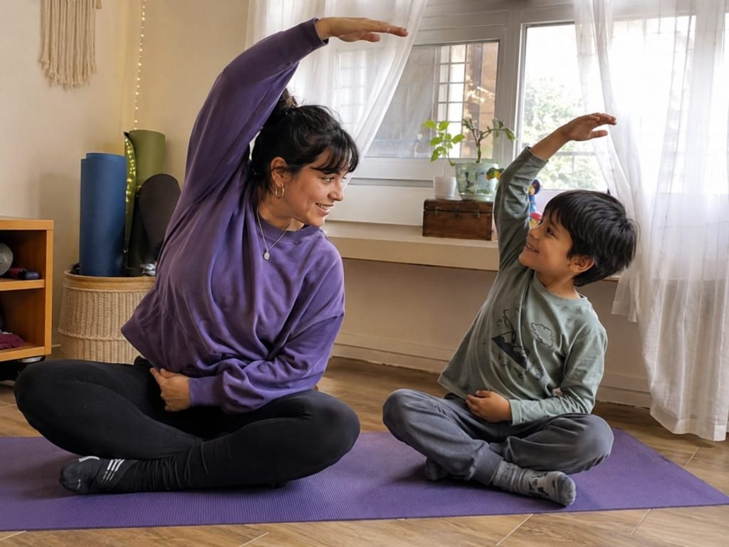 Ejercicio de estiramiento en familia, sesión de kinesiología a domicilio